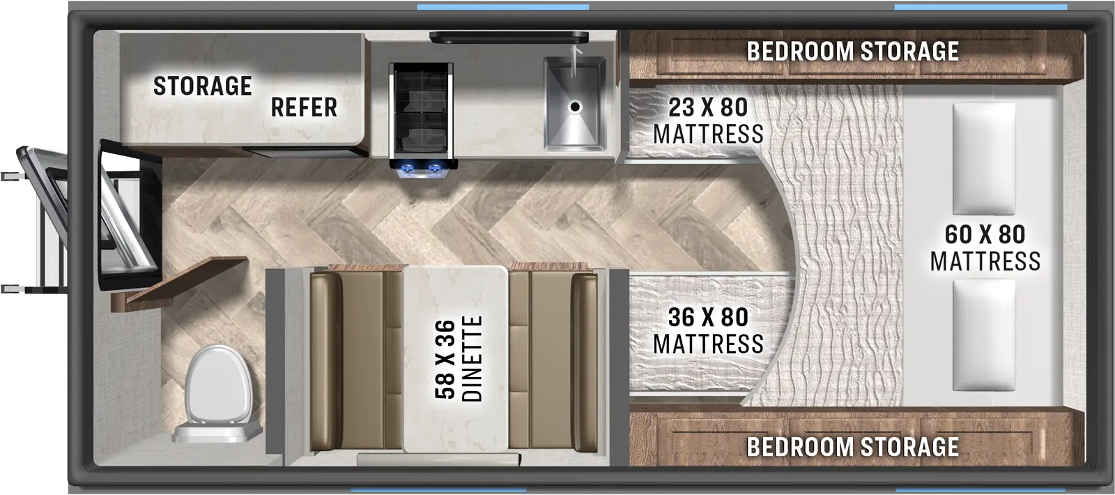 The Palomino O.V.E. 15.1 floorplan has one entry and zero slide outs. Exterior features include: fiberglass exterior and 6' Rear awning. Interiors features include: bunk beds and front bedroom.